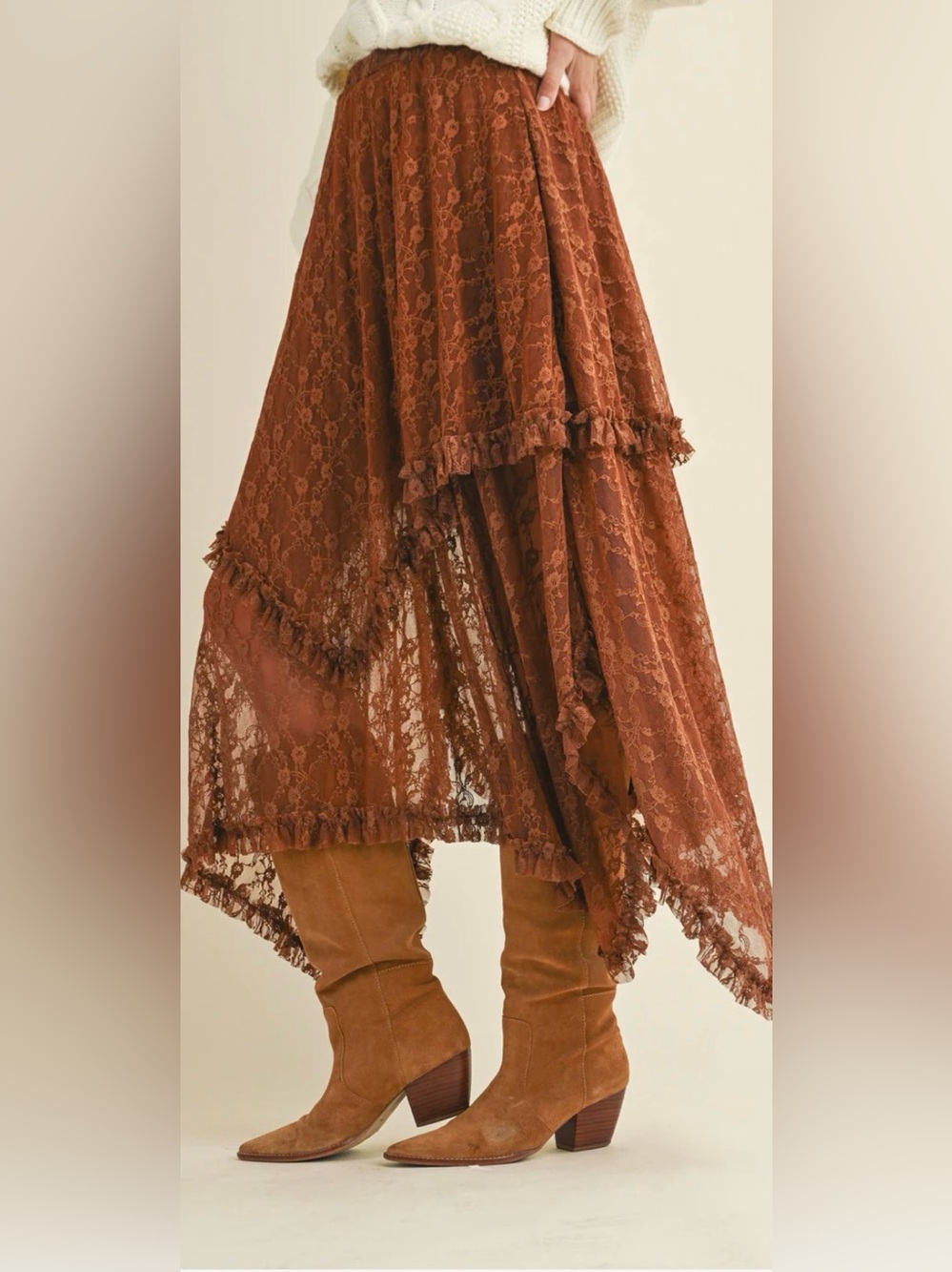 Cloud Ten Brown Lace Handkerchief Hem Maxi Skirt – Size Small; New With Tags
